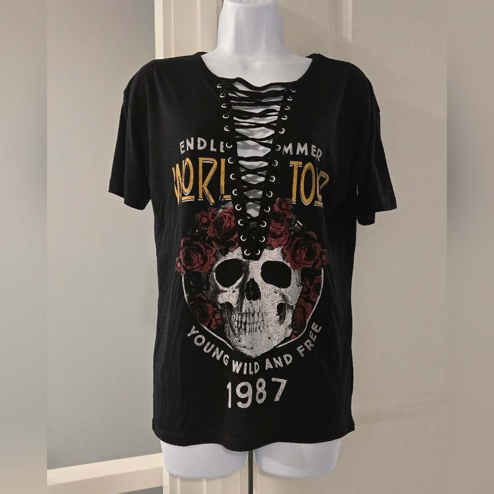 Urban Heritage Black Graphic Half Lace-Up T-shirt Top. Size S.